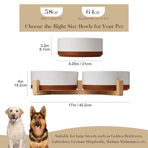 MALACASA Dog Bowls Set with Wooden Stand, 6 Cups Food Water Bowl Set for Medium to Large Size Dogs, Ceramic Pet Bowls with Weighted Non-Slip Base, Basic Bowls for Your Dog,58Oz - Thumbnail 2
