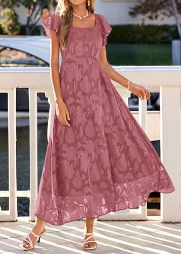 KIRUNDO Cocktail Dresses for Women Elegant Wedding Guest Summer Formal Maxi Lace Floral Slit Prom Party Bridesmaid Dress (Pink, Medium) - Thumbnail 2