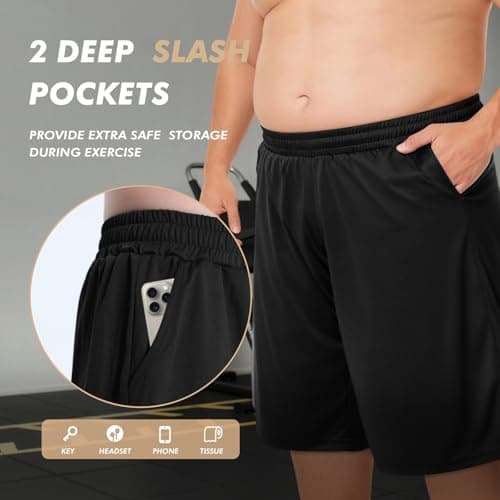 BOOJO Men's Big and Tall Athletic Shorts - Quick Dry Black Basketball Shorts with Pockets for Workout RunningActivewear（S-6XL） - Thumbnail 4