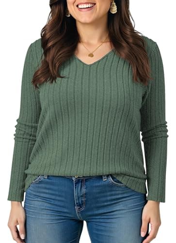 TIANZHU Women's Plus Size V Neck Long Sleeve Tops Lightweight Brushed Stripe Tunic for Casual Going Out, Green, XL - Image 1