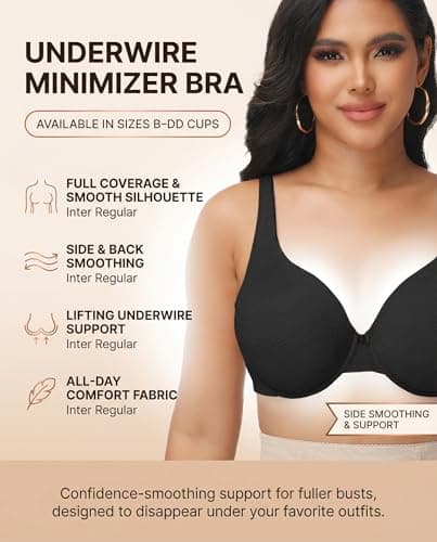 Women's Jacquard Full Coverage Minimizer Bra, Unlined Cups, Underwire Natural Shape & Smooth Fabric for a Sleek Silhouette Under Clothes Black 38DD - Thumbnail 2