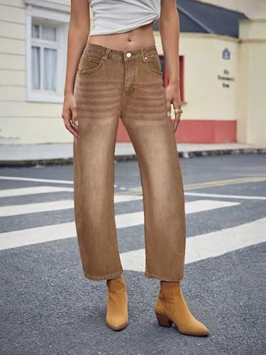 PEIHOT Mid Waist Barrel Womens Jeans Trendy Boyfriend Stretchy Loose Cropped Denim Pants with Pockets Brown - Thumbnail 2