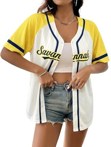 Baseball Jersey for Women Baseball Player Shirt Game Day Fan Striped Baseball Player Button Down Short Sleeve Tops Yellow-White - Thumbnail 5