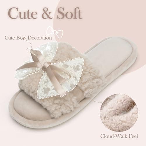 GOEWY Women's Open Toe Memory Foam Slippers - Cute Fuzzy House Shoes with Lace Bow, Soft Plush Slides for Indoor Comfort, Cozy Non-Slip Gift Gifts for Women Mom Ladies - Thumbnail 5