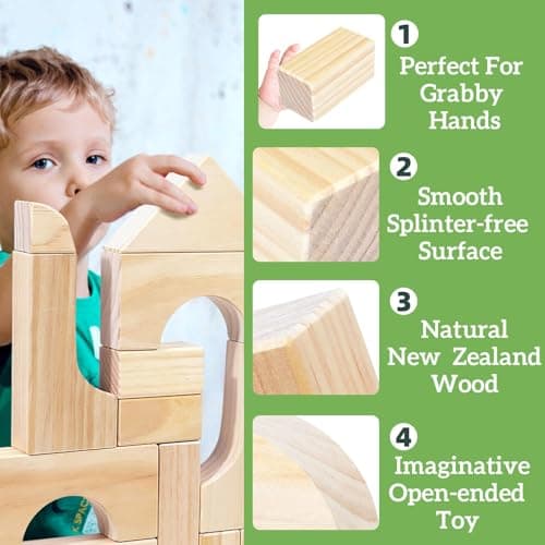 Large Wood Building Blocks with Wooden Storage Tray, 64-Piece Hardwood Sorting & Stacking Toys for Building & Balancing, Educational Preschool Learning Toys for 3+ Year Old Boy and Girl Gifts - Thumbnail 2