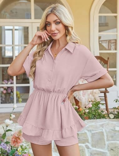 Angashion Womens Summer Shorts Romper: Self Tie V Neck Layer Ruffle Hem Romper Dress with Pockets 2492Pink Large - Thumbnail 3