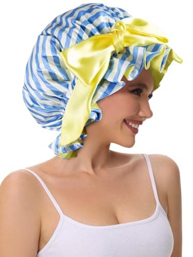 Vettres Silk Bonnet, Satin Hair Shower Cap for Sleeping Women 2026 Tie Band Adjustable Straps Head Wrap for Curly Hair Blue Stripe F - Thumbnail 6