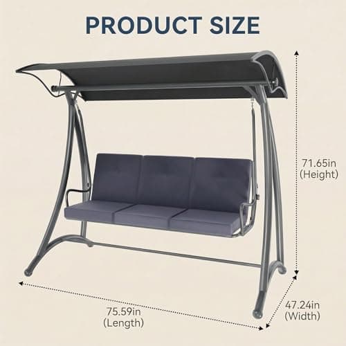 Outdoor Patio Swing, 3 Seat Porch Swing with Adjustable Canopy, Swing Chair for Backyard Garden Patio(Grey) - Thumbnail 4