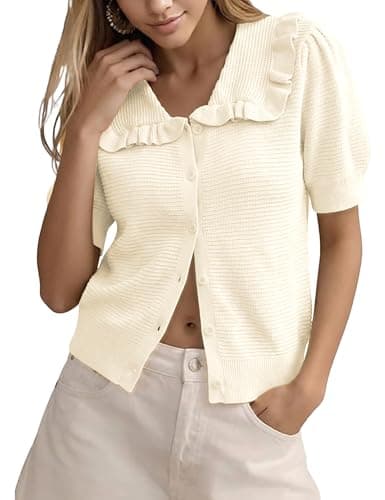 Watashi Short Sleeve Cardigan for Women Ruffle Collar Button Up Crochet Puff Sleeve Sweater Lightweight Summer Knit Tops(Beige-XS) - Image 1