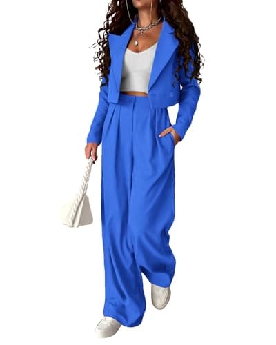KIRUNDO Womens Suits for Work Professional Spring Fall Two Piece Crop Blazer and Pants Set Matching Set Fashion Clothing (Blue, X-Large)