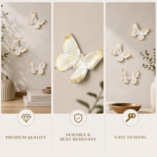 GUSFREUD 3D Butterfly Wall Decor Set – Resin Wall Decorations for Living Room, Bedroom, Garden, Yard, Outdoor and Gallery Walls - Ivory Gold - Set of 3 - Thumbnail 4