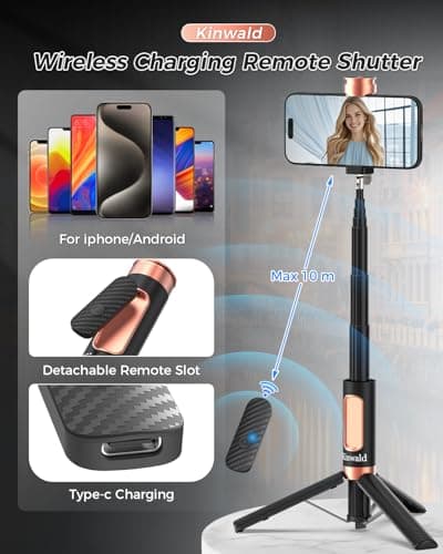 Kinwald Selfie Stick Tripod for iPhone & Android – Portable Phone Tripod Stand with Bluetooth Remote, One-Click Open, Compact & Lightweight for Vlogging, Travel & Everyday Use (Black) - Thumbnail 4