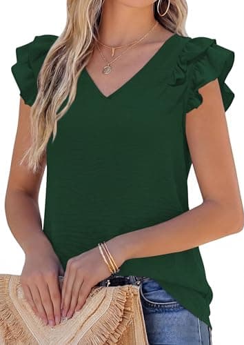 PRETTYGARDEN Blouses for Women Dressy Casual Summer Going Out Tops 2026 Spring Business Work V Neck Ruffle Cap Sleeve Shirts (Dark Green,XX-Large) - Image 1