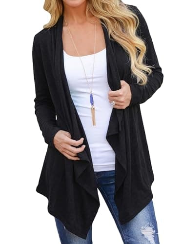 DEARCASE 3/4 Sleeve Shawl Cardigans for Women Lightweight Cover Up Shrug Plain Black Medium Open Front Draped Kimono Flowy Ladies Trendy Thin Crop Duster Summer Fall Knit Cardigan Sweaters Jackets - Image 1