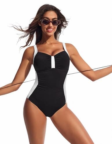 Hanna Nikole Women Slimming Tummy Control 1 Piece Swimsuit Sexy Long Torso Retro Bathing Suit High Support Swimwear Black White Large - Thumbnail 2