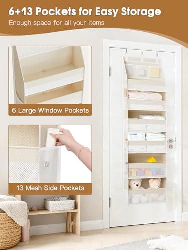 Criusia Over the Door Organizer, 6-Shelf Closet Hanging Storage with 13 Mesh Pockets, 55lbs Capacity Behind the Door Storage for Baby Nursery, Bathroom, Bedroom, and Dorm, Beige - Thumbnail 5
