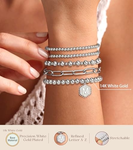 adoyi Silver Beaded Bracelets for Women, 14K Gold Plated Jewelry Bracelet Stack Dainty Initial Stackable Stretch Bead Ball Letter N Strand Bracelet Set Adjustable Gift for Women - Thumbnail 5