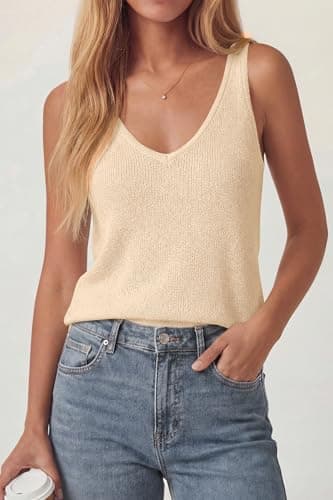 PRETTYGARDEN Women Summer Tank Tops 2026 Basic Sleeveless V Neck Lightweight Knit Beach Vacation Clothes Going Out Top(Beige,Small) - Thumbnail 5