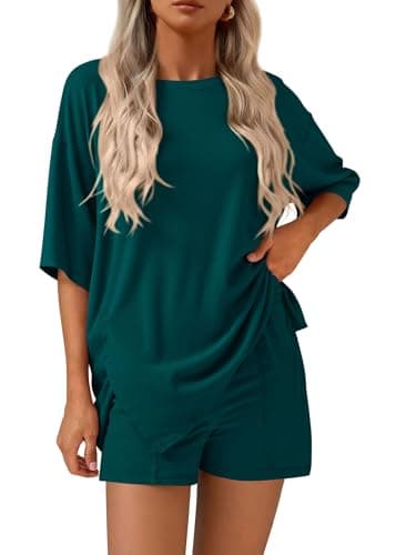 KIRUNDO 2 Piece Sets for Women Summer Lounge Sets Casual Oversized Tshirts Shorts Matching Airport Travel Outfits Postpartum(Peacock Green, X-Large) - Image 1