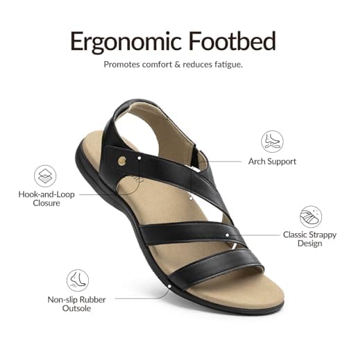 Rihero Black Orthopedic Sandals for Women Summer Arch Support Comfortable Casual Walking Orthotic Flat Sandals Black Size 9 - Thumbnail 4