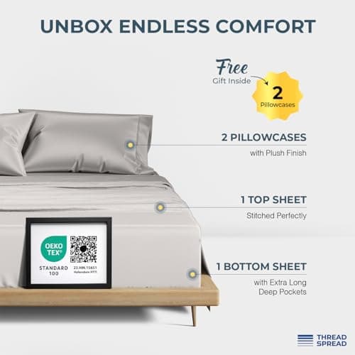 THREAD SPREAD 100% Egyptian Cotton King Size Sheets Set - Luxury 1500 Series Egyptian Cotton Sheets King Size (4 PC, Light Grey), Silky Soft, Sateen, Cooling & Breathable, 17" Deep Pocket Bed Set - Thumbnail 3