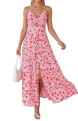 BTFBM Summer Dresses for Women 2026 Spring Floral Spaghetti Strap Smocked Cutout Maxi Dress Resort Beach Vacation Outfit(Floral Red, Large) - Image 1
