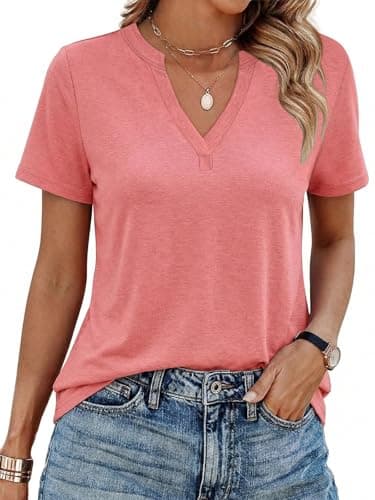 YESTTO Womens V Neck Summer Tops Short Sleeve T Shirts Loose Fit Casual Tee Trendy Basic Tops Lightweight Breathable Fashion Clothes 2026 Coral - Image 1