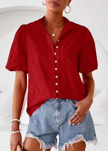 Lazysmile Summer Boho Tops for Women Short Sleeve V Neck Button Down Hollow Out Lace Embroidered Blouses Shirts - Thumbnail 3