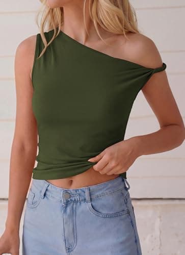 BTFBM Off The Shoulder Tops for Women 2026 Cute Summer Casual Sleeveless Slim Fit y2k Spring Outfits Going Out Tank Top(Army Green, Large) - Thumbnail 4