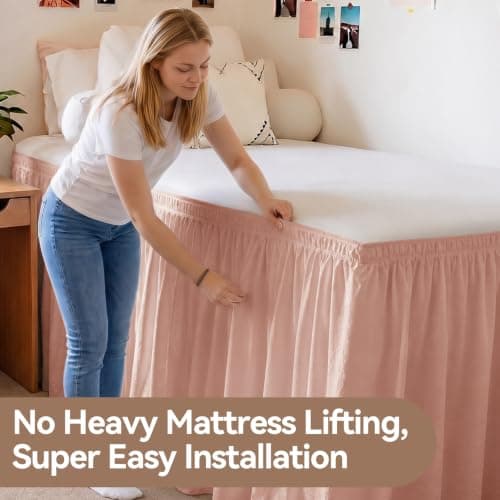 RIMELA Twin XL Bed Skirt - 36 Inch Drop, Textured Crinkle Linen-Look, Wrinkle-Free Wrap Around Elastic Dust Ruffle, Blush Pink Solid Fabric Machine Washable, Dorm Bedroom Decor - Thumbnail 2