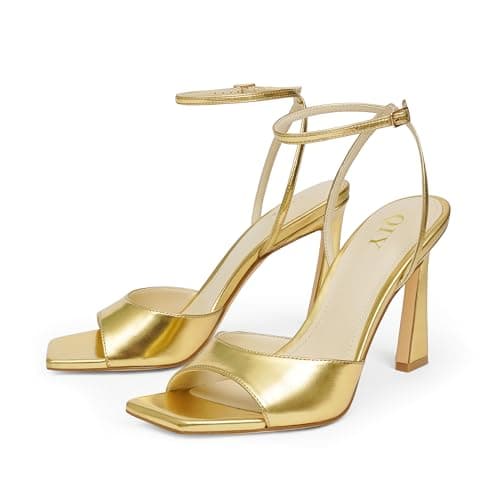 QIY Women Gold Heels Strappy High Heel Stilettos Open Square Toe Heels 3 Inch Ankle Strap Heel Gold Heeled Sandals Dress Wedding Shoes Size 8 - Thumbnail 5
