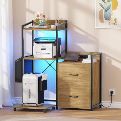 Garvee 2 Drawer File Cabinet, Filing Cabinet Fits Letter/a4 Size, Large Printer Stand with Storage, Printer Cabinet for Home Office with Power Strip, LED Lights, Open Shelf - Thumbnail 3
