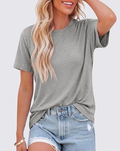 KIRUNDO Short Sleeve Tops for Women Summer Trendy Casual Crew Neck Plain T Shirts Soft Knit Basic Tunic Tees Fashion Clothing(Grey, X-Large) - Thumbnail 5