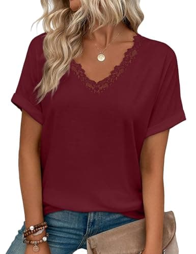 JUSTFASHIONNOW Womens Summer Tops Short Rolled Sleeve V Neck Tshirts 2026 Casual Dressy Business Work Blouses(Burgundy Small) - Image 1