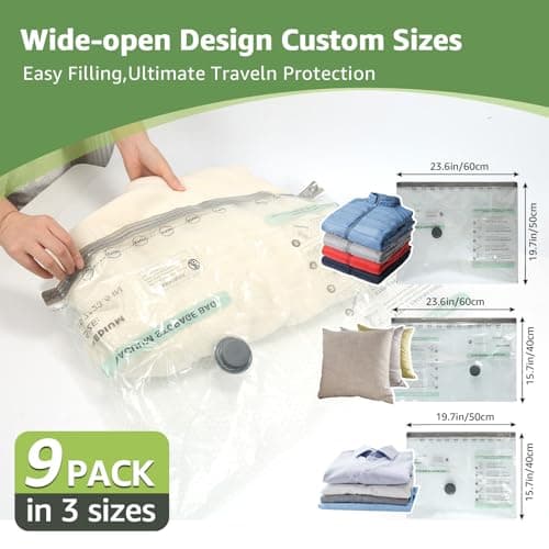 9 Packs Vacuum Bags for Travel with Rechargeable air Pump, 3 Sizes Vacuum Seal Bags for Clothing, Space-Saving Compression Storage Bags for Travel & Closet Organization - Thumbnail 4