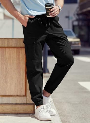 JMIERR Man Fashion Cargo Pants - Casual Cotton Tapered Stretch Twill Chino Athletic Joggers Sweatpants Drawstring Hiking Workout Trousers Travel Pants with Pockets for Men, US 36(L), 1 Black - Thumbnail 6