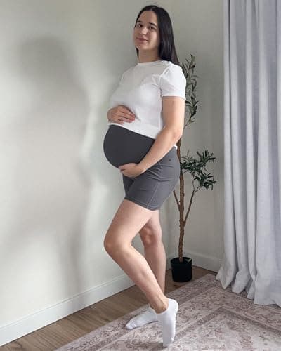 G4Free Maternity Shorts Active Over The Belly Stretchy Pregnancy Yoga Shorts with Pockets Workout Short Lounge Pants(Dark Gray,L) - Thumbnail 4