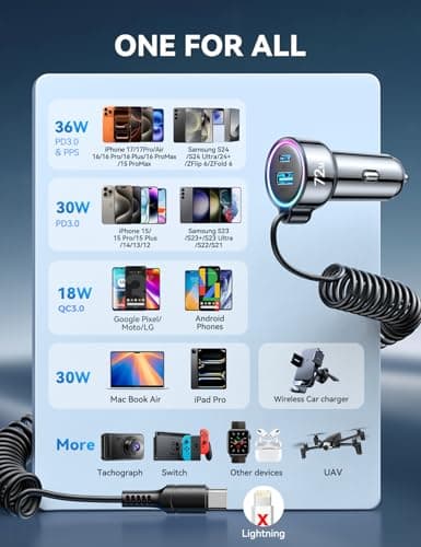 72W Car Charger USB C for iPhone 17/16, 36W Super Fast Charging Type C Coiled Cable for iPhone 17/16 Pro Max Plus/Samsung S25/S24/S23/Pixel 10 Car Phone Charger Adapter for Pixel/Android, iPad Pro - Thumbnail 5