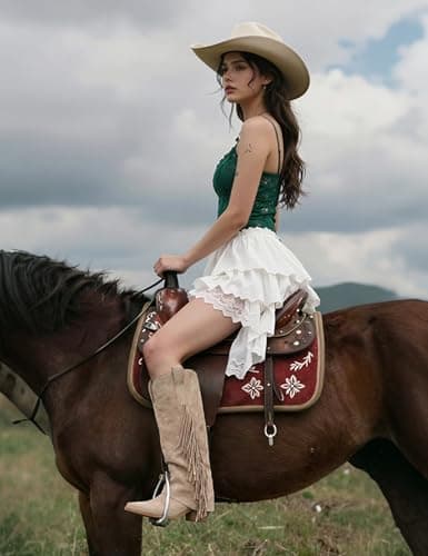 QIY Womens Suede Nude Boots Knee High Cowboy Boots for Women Cowgirl Fold Over Wide Calf Cowboy Boot for Women Fringe Western Embroidered Pointed Toe Chunky with Tassels Tall Cow Girl Boot Size 6.5 - Thumbnail 3