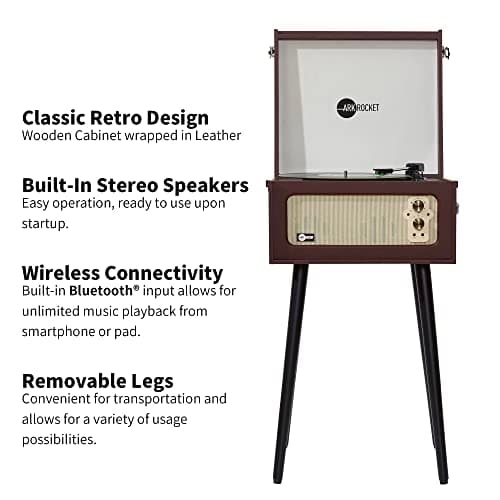 Arkrocket Discovery II 3-Speed Bluetooth Record Player Retro Console Turntable with Built-in Speakers and Removable Legs (Brown) - Thumbnail 3