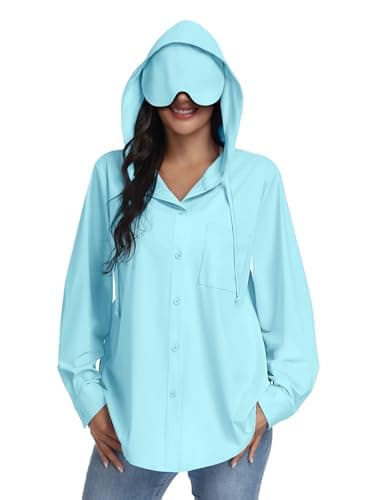Kimmery UPF 50+ Travel Hoodie with Eye Mask for Women Outdoor Button Up Sun Shirt with Pockets for Airplane Lake Blue M - Image 1