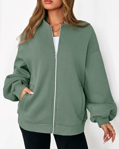 KIRUNDO Oversized Sweatshirt for Women Zip Up Bomber Jacket 2026 Fall Fashion Casual Long Sleeve Outerwear Winter Outfits(Light Green, Small) - Thumbnail 4