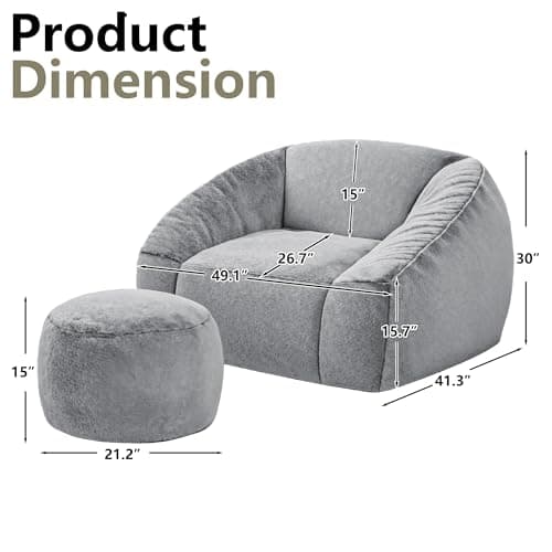 lilanoon Bean Bag Chairs with Ottoman for Adults, Comfy Beanbag Chair with High-Resilience Foam, Oversized Bean Bag Sofa with Soft Faux Fur Fabric, Bean Bag Chair for Living Room,Bedroom,Light Grey - Thumbnail 2