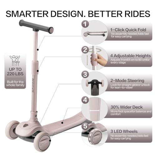 BEIESTATE 3 Wheel Scooter for Kids Ages 3-18, Up to 220 Lbs, Kids Scooter with Adjustable Lean-To-Steer Switch, Foldable, Lightweight, Wide Anti-Slip Deck, Adjustable Height Handlebar, Light-Up Wheels - Thumbnail 2