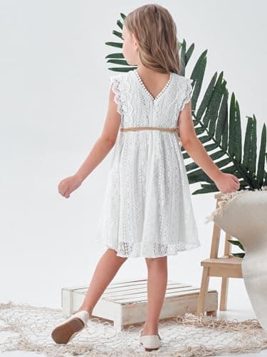 ALLOVIN Toddler and Girls Vintage Boho A-Line Lace Dress with Belt Pom Pom Trim Birthday Party Dress | White | 3-4T - Thumbnail 2