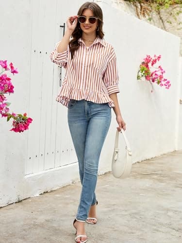 Womens Cropped Striped Shirts Button Down Half Sleeve Ruffle Bottom V Neck Casual Summer Blouse Tops Khaki XL - Thumbnail 4