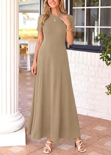 KIRUNDO Wedding Guest Dresses for Women 2026 Spring Summer Short Sleeve Pleated Long Flowy A Line Formal Maxi Dress Pockets(Khaki, Large) - Thumbnail 5