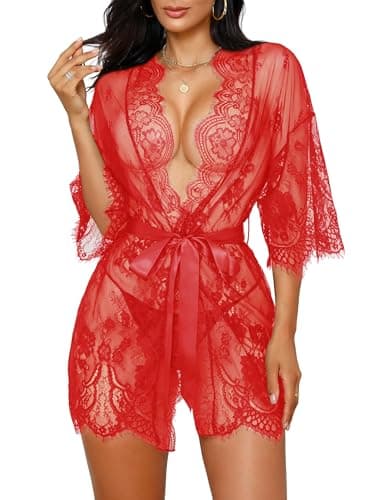 Rigeri Lace Lingerie for Women Sheer Mesh Nightgown Bridesmaid Robe Red S