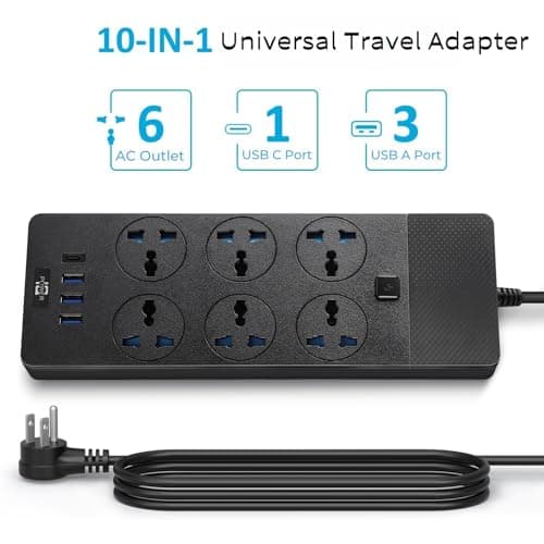 Universal Power Adapter, Jumpso 3000w Power Strip with 4 USB Ports (1 USB C), 6ft Extension Cord with International Outlets, 110-240v, European Travel Plug Adapter for Home Office Travel, Black - Thumbnail 2