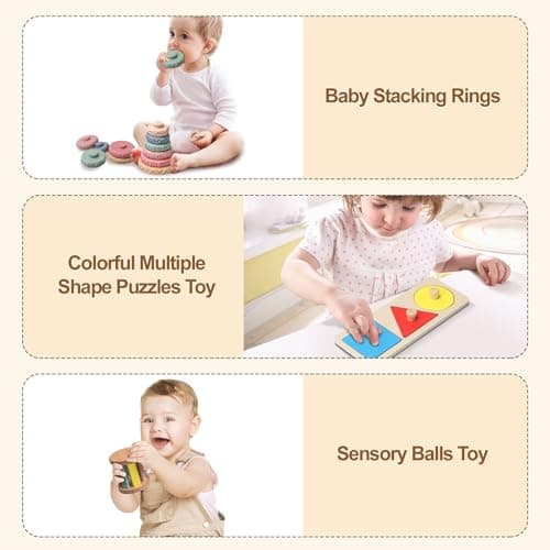 Teekdeer Montessori Toys for Babies 6-12 Months,8 in 1 Developmental Learning Toys Set Wooden Sensory Toys for Baby Toys 12-18 Months (Includes Tissue Box Toy,Stacking Cups and More) - Thumbnail 3